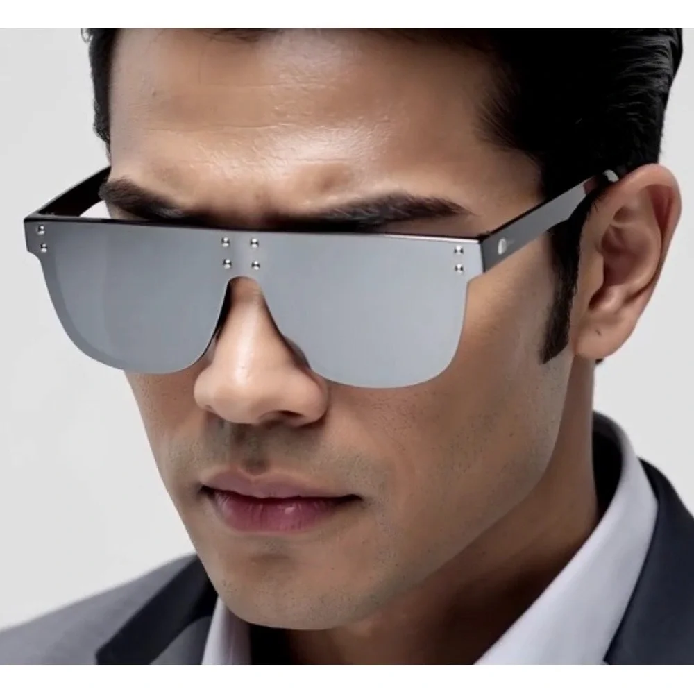 Flat Top Shield Sunglasses Silver Mirrored Lens Studded Accents Oversized Shades